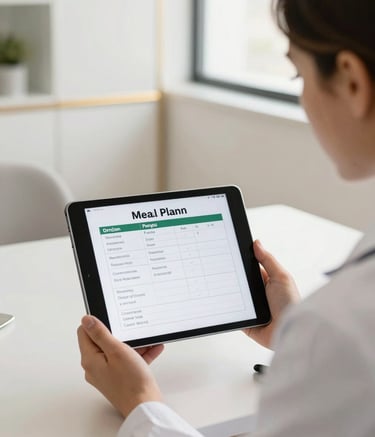 A close-up photograph of a professional nutritionist in a clean, white coat, holding a tablet showing a personalized meal plan during a consultation in a bright, modern Brazilian office. The scene is illuminated by soft daylight, with subtle cream and gold accents in the background.