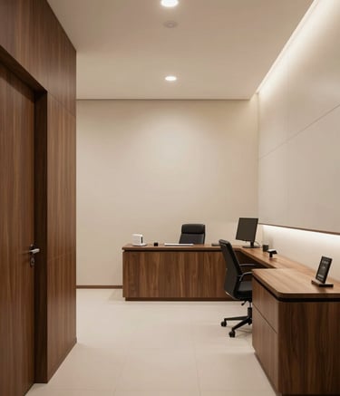 A wide-angle professional photograph of a sophisticated and modern clinical office in Brazil. The interior features minimalist furniture, cream-colored walls, and dark wood textures, exuding a clean, professional, and trustworthy atmosphere.