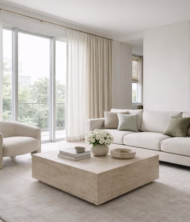 High-end modern living space with floor-to-ceiling curtains, neutral tones, and natural light