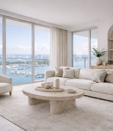 Luxury Miami penthouse living room featuring custom window treatments and harbor views.
