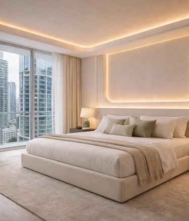 Luxury Brickell Miami bedroom featuring custom window treatments and architectural LED design