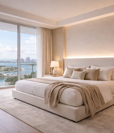Luxury Miami penthouse bedroom featuring custom curtains, LED lighting, and ocean views