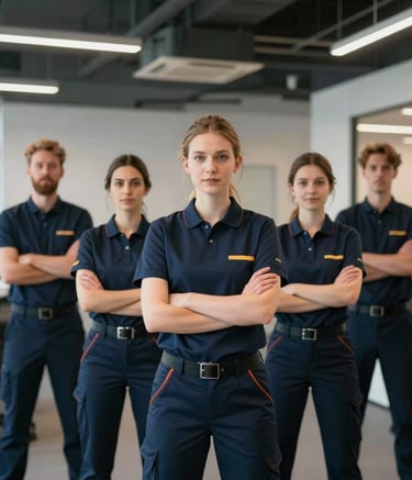 A group of professional cleaning staff in uniform standing confidently in a modern, well-lit office space in Rouen, professional corporate photography style.