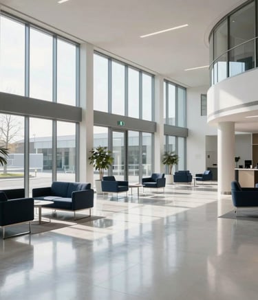 Photography of a wide, sunlit corporate lobby in Rouen with polished floors reflecting the windows, minimalist furniture, Navy and White color palette, professional and clean atmosphere.
