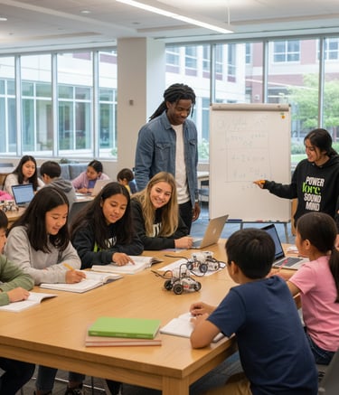 a group of students in a classroom with a teacher