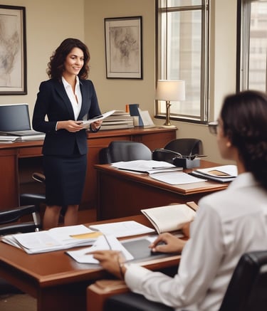 A monochromatic indoor scene featuring a consultation area with a modern design. Two people are seated at a long wooden table, working on laptops, while another person stands nearby. Bookshelves are visible beneath the table, and a sign reads 'Consultation Specialisee'. Overhead lighting and glass partitions add to the contemporary architectural style.