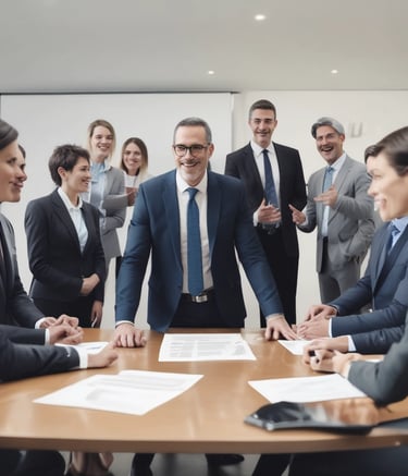 Four men in business attire are engaged in a discussion around a table. One man appears to be explaining something while pointing at some documents in front of them. The others are listening attentively, and one holds a pen and a mobile device. The setting is a plain office environment.