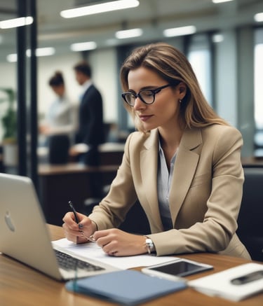 A professional consultation setting with a medical professional sitting at a desk facing a client. The room has a modern aesthetic with white walls decorated with framed certificates. The desk is organized with office supplies, a laptop, and a fruit bowl in the center.