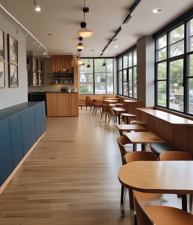 A modern kitchen with sleek wooden cabinetry and stainless steel appliances. The room features a center island with stools, a hanging light fixture, and ample natural light from large windows. Shelving displays various food and beverage items.