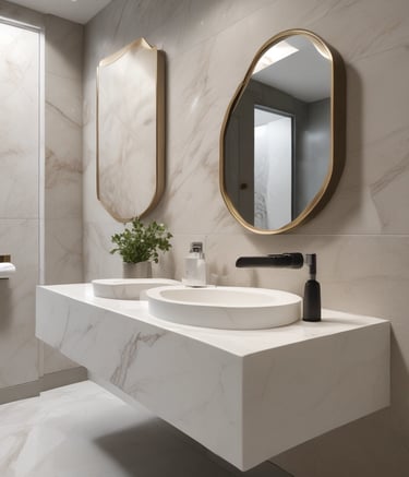 A modern kitchen with sleek wooden cabinetry and stainless steel appliances. The room features a center island with stools, a hanging light fixture, and ample natural light from large windows. Shelving displays various food and beverage items.