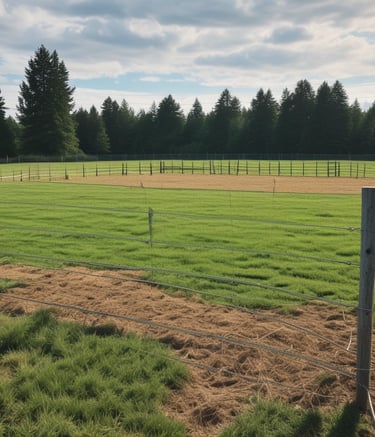 A person in a white shirt and hat is using a scythe to cut tall grass in a field. The landscape includes lush greenery and trees in the background under a clear blue sky.