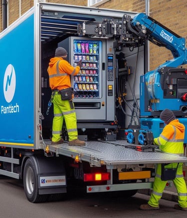 Reliable vending machine transport. 2 men with a Pantech truck moving a vending machine