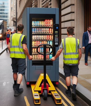 2 men wearing hi-viz clothing moving a vending machine on a pallet jack in a busy street in Sydney,