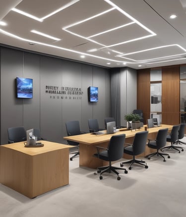 A modern interior space with clean architectural lines and multiple levels visible. The ceiling features an intricate lattice framework, allowing light to filter through. Walls are pristine white with small rectangular windows, and the floors have warm lighting near the doors.