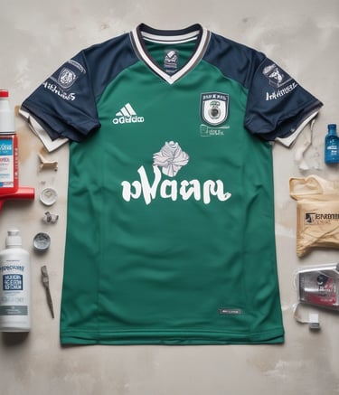 A skilled artisan carefully removing old prints from a soccer shirt.