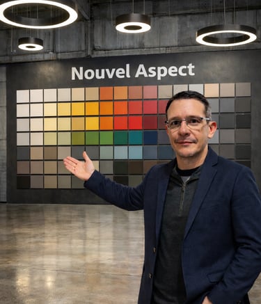 a man standing in front of a wall with a colorful display of paint and a