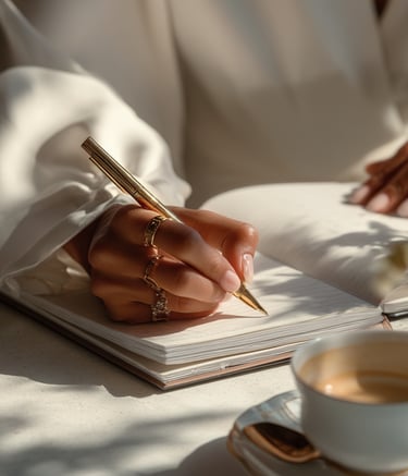 a woman's hand holding a pen and writing on a notebook
