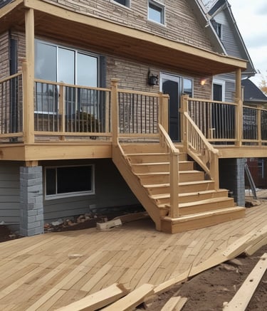 A semi-detached house with a brown pebble-dash exterior and white-framed windows stands in the middle of the image. The backyard appears to be under construction or renovation, with building materials such as bricks, wood pallets, and tarps scattered across the lawn. A garage or carport area to the left is partially covered and houses some construction equipment. A wooden fence borders the right side of the property, and the grass shows signs of recent activity.