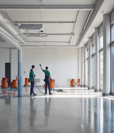 A team of cleaners collaborating in a spacious workspace.