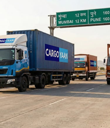 Cargo truck driving on national highway transporting goods from Gurgaon to Mumbai