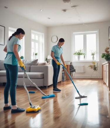 Freshly cleaned bedroom with neatly arranged bedding and decor.