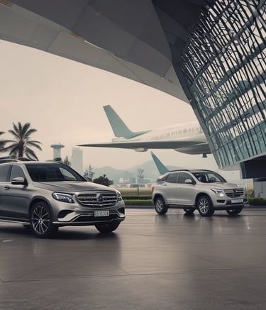 A large double-decker bus with 'Ejecutivo Premium' written on its side is parked near a fence in a parking lot. The bus is white with blue and red stripes. Two cars, one green and one white, are parked nearby. The scene is set on a clear day with a blue sky, power lines, and part of a building visible in the background.