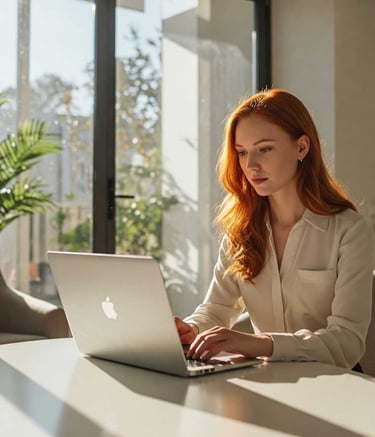 Red-Haired Businesswoman contemplating search engine optimization services 