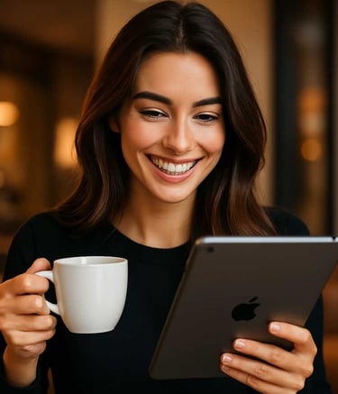 Brunette Woman Drinking Coffee and Using iPad Tablet to contemplate SEM Return on Investment
