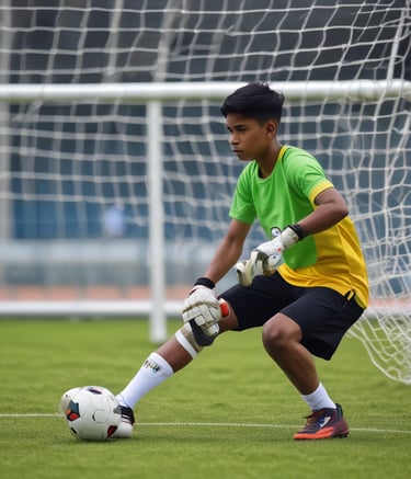 A young person is standing on a soccer field with one foot resting on a yellow soccer ball. They are wearing a gray soccer jersey and black shorts with knee-high socks. The background features a net and a wooden wall with a blue sky overhead.