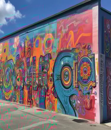 A modern gallery space featuring various art pieces on display. A large video screen shows a close-up image of an older man with a worn expression, wearing a hat and a blue shirt. Two people are in the gallery, one person standing and looking at their phone while another is walking with hands in pockets. Photographs are hung on the wall in the background, depicting outdoor scenes.