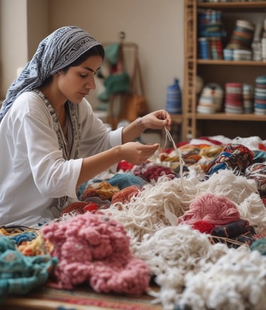 A person wearing traditional clothing is weaving with natural materials, surrounded by woven baskets and textiles. The setting appears to be a craft or artisan environment with handmade items and a natural aesthetic.