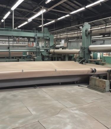 A woman is engaged in a textile-related task, possibly sewing or fabric inspection. She is wearing a white garment and is surrounded by strips of fabric. The setting appears to be a workshop or factory environment.