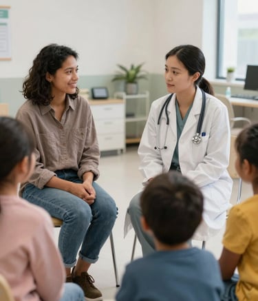 A family meeting with a doctor in a welcoming clinic.