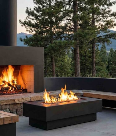 Custom metal outdoor fireplace and seating area