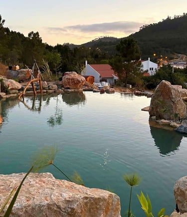 Limestone natural pool with plant filter, diving stone, infinity edge & wood railing | Lisbon, PT