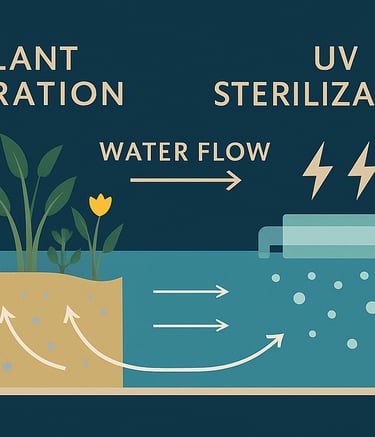 Natural pool filtration diagram with plant zone & UV sterilizer flow system | Aqua Vitae