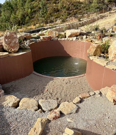 AquaVitae proprietary build—custom walls, pebble floor & limestone boulder rim in a natural pool