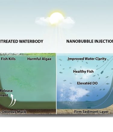 Nanobubble generator diagram showing oxygenation from lake depth to surface for water clarity