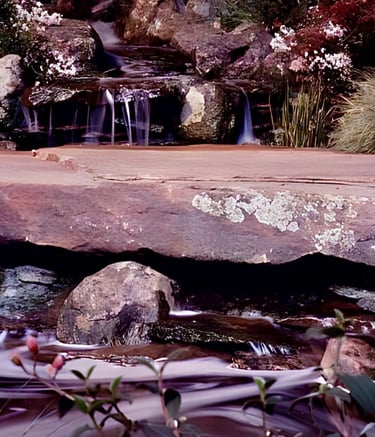 Natural pool with waterfall & 4m flagstone bridge | SF Garden Show award winner | Aqua Vitae