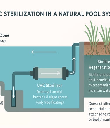 Diagram explaining UV sterilization process in a natural pool filtration system | Aqua Vitae