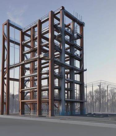 A workshop scene featuring a mannequin of a carpenter working on the wooden frame of a structure. The setting includes various wooden components, tools, and ladders around the workspace. The environment has a rustic and industrial feel with exposed brick walls and a large metal duct overhead.