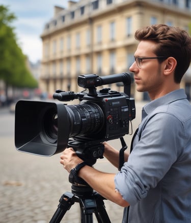  operates a professional video camera on a tripod, wearing headphones and an equipment vest. He appears focused on his task. The background features a black and white fabric banner and a building with red and white colors.