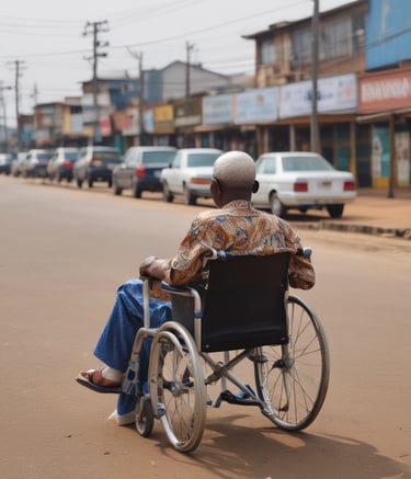 An elderly person with gray hair sits in a red wheelchair on a paved path, surrounded by greenery and buildings in a peaceful outdoor setting.