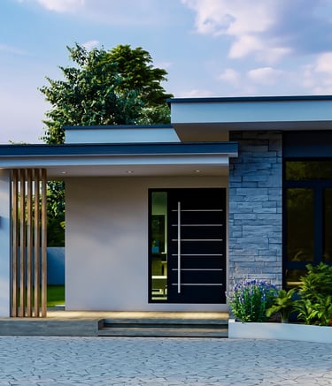 Modern single-story house with flat roof, stone accent wall, and landscaped front yard.