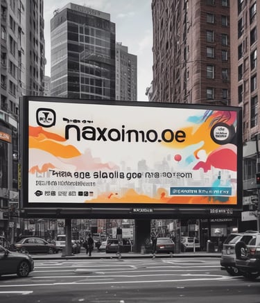 A large billboard is displayed in a nighttime setting, featuring advertisements for a real estate project. The sign includes an image of a residential area and a modern train. Contact information and a web address are also visible on the billboard.