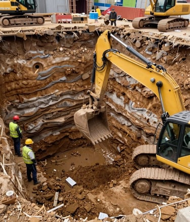 A construction site scene with a worker handling a large yellow concrete funnel suspended by a chain. Several stacks of precast concrete slabs are visible in the background. The ground is covered with construction materials and equipment.