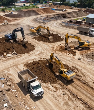 A construction site with a multi-story residential building in the background, surrounded by greenery. Heavy machinery, including a crane and a bulldozer, are present along with various construction materials and equipment scattered across the dirt-covered ground. A container is also visible on the site.