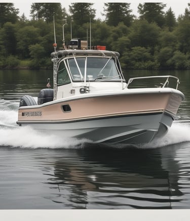 A vintage car designed with a patriotic theme featuring white stars on a blue background along the side, combined with red and white colors. A large cowboy statue is perched on the roof of the car. The car is parked in front of a vintage-style building with signs indicating Route 66 and souvenirs. There are a few people standing nearby, and an ice cream shop is visible in the background under a clear blue sky.