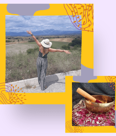 A woman with the arms spread wide in the outdoors and a tibetan bowl with crystals.
