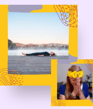 A person lying down for meditation and a woman with hands in prayer.